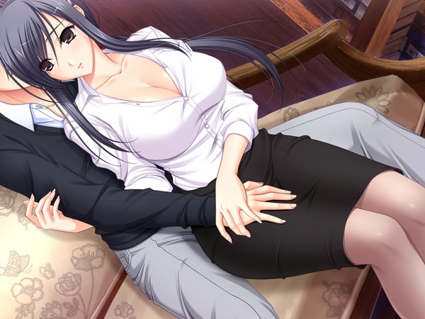 Anime picture 1024x768 with walkure romanze long hair blush breasts light erotic black hair large breasts game cg black eyes couple hug girl boy skirt shirt