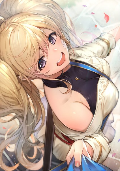 Anime picture 1447x2048 with granblue fantasy monika weisswind kakage long hair tall image looking at viewer blush fringe breasts open mouth light erotic blonde hair smile hair between eyes large breasts standing twintails bare shoulders payot ahoge