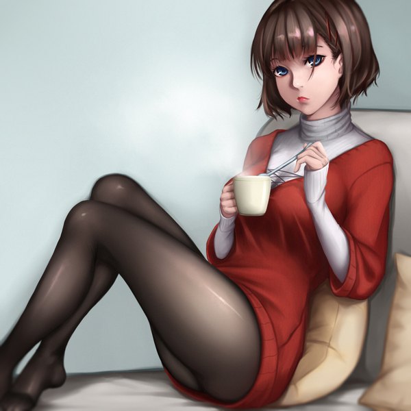 Anime picture 1000x1000 with original dydydyok single looking at viewer fringe short hair blue eyes light erotic brown hair sitting holding lips hair over one eye legs sleeves past wrists girl pantyhose black pantyhose pillow sweater