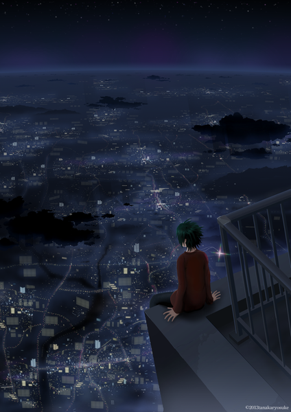 Anime picture 1754x2480 with original tanaka ryosuke single tall image highres short hair sitting sky from above night city horizon cityscape city lights building (buildings) railing skyscraper