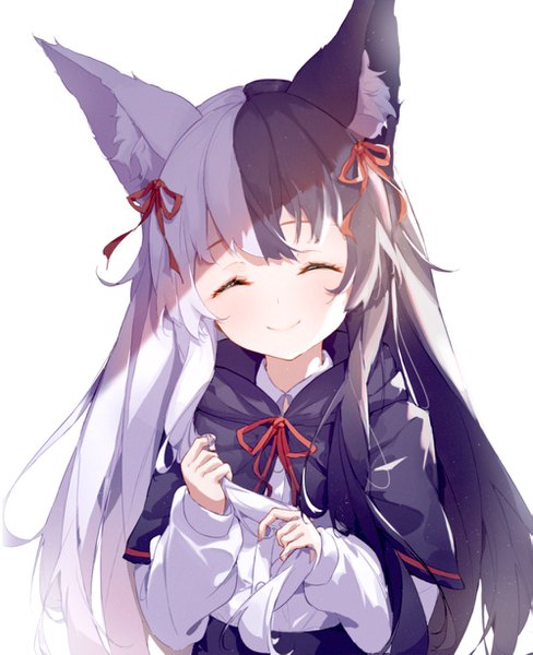 Anime picture 997x1225 with virtual youtuber alice mana channel alice mana yorurui sansan single long hair tall image fringe black hair simple background smile white background animal ears payot upper body white hair eyes closed two-tone hair loli fox ears