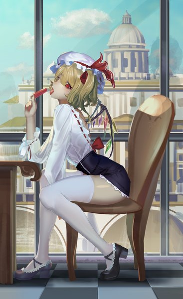 Anime picture 2460x4018 with touhou flandre scarlet liyou-ryon single tall image looking at viewer blush fringe highres short hair open mouth light erotic blonde hair hair between eyes red eyes sitting holding sky cloud (clouds) full body
