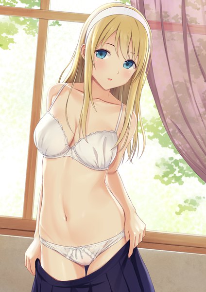Anime picture 725x1025 with original n.g. single long hair tall image looking at viewer blush fringe breasts open mouth blue eyes light erotic blonde hair hair between eyes large breasts standing holding indoors head tilt pleated skirt