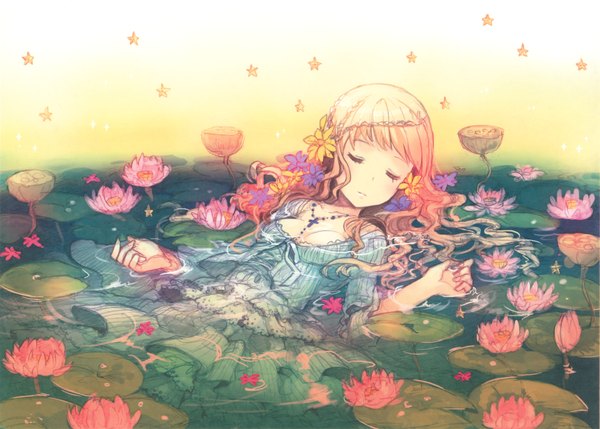 Anime picture 3861x2764 with original h2so4 single long hair highres blonde hair absurdres cleavage eyes closed girl dress flower (flowers) water star (stars) cross water lily