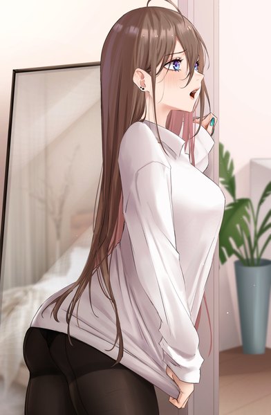 Anime picture 2550x3900 with original nana (kurisustinah) expulse single long hair tall image blush fringe highres breasts open mouth blue eyes light erotic hair between eyes brown hair standing signed looking away ahoge ass
