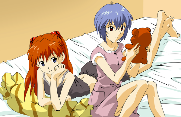 Anime picture 6000x3875 with neon genesis evangelion gainax soryu asuka langley ayanami rei long hair fringe highres short hair blue eyes red eyes sitting multiple girls holding blue hair absurdres lying barefoot orange hair bare legs hand on chest