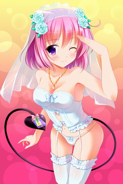 Anime picture 800x1200 with toloveru xebec momo velia deviluke bashen chenyue single tall image looking at viewer blush short hair light erotic smile purple eyes pink hair tail one eye closed wink underwear only girl thighhighs underwear