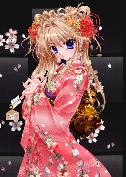 Anime picture 768x1080 with mashiroiro symphony sena airi tachibana tou single long hair tall image looking at viewer blush fringe blue eyes blonde hair long sleeves traditional clothes japanese clothes hair flower checkered checkered background girl hair ornament flower (flowers)