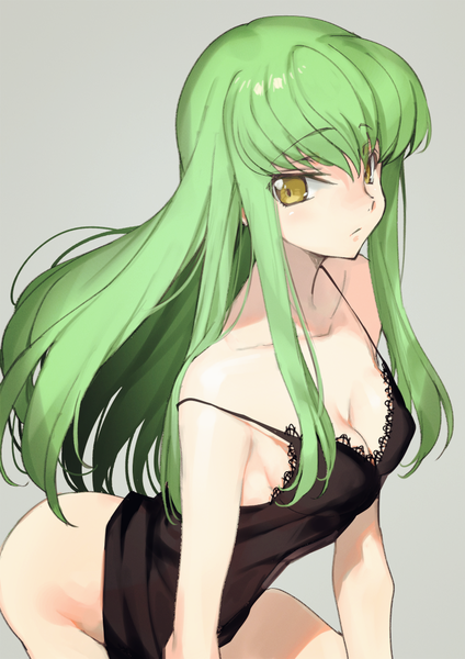 Anime picture 800x1131 with code geass sunrise (studio) c.c. creayus single long hair tall image looking at viewer fringe breasts light erotic simple background hair between eyes bare shoulders yellow eyes payot cleavage ass green hair grey background