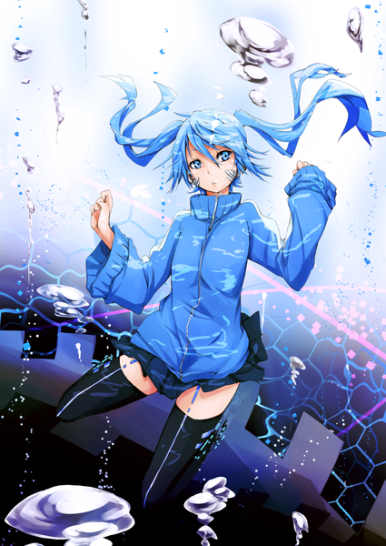 Anime picture 1230x1737 with kagerou project shaft (studio) ene (kagerou project) fu-ta single long hair tall image fringe blue eyes twintails blue hair looking away pleated skirt wide sleeves zettai ryouiki underwater girl thighhighs skirt miniskirt