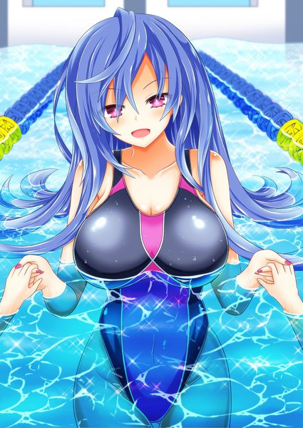 Anime picture 850x1200 with choujigen game neptune iris heart pururut kyou (artist) long hair tall image looking at viewer blush fringe breasts open mouth light erotic hair between eyes purple eyes blue hair indoors nail polish :d sparkle huge breasts