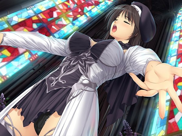 Anime picture 1024x768 with rakuen no rukia light erotic black hair game cg eyes closed pantyshot girl hat stained glass