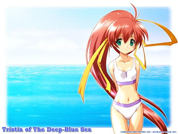 Anime picture 1024x768 with aoi umi no tristia deep-blue series nanoca flanka looking at viewer green eyes red hair very long hair navel sea