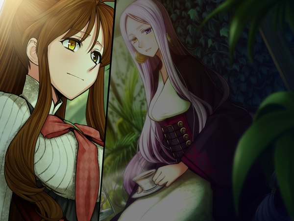 Anime picture 1024x768 with ourai no gahkthun liarsoft steampunk (liarsoft) josephine march (ourai no gahkthun) florence ameghino nightingale long hair brown hair multiple girls yellow eyes game cg purple hair ponytail very long hair heterochromia multiview girl dress 2 girls plant (plants) earrings