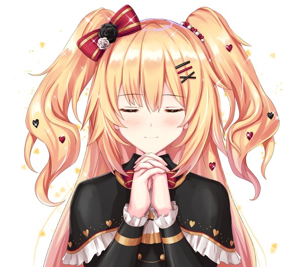 Anime picture 2632x2309 with virtual youtuber hololive akai haato akai haato (5th costume) kyamu (qqea92z9n) single long hair blush fringe highres simple background blonde hair hair between eyes white background upper body eyes closed light smile sparkle two side up interlocked fingers