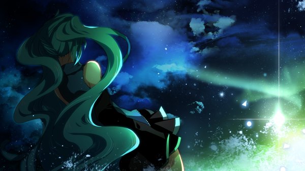 Anime picture 3000x1688 with vocaloid hatsune miku marirero a single highres wide image twintails absurdres sky cloud (clouds) very long hair from behind aqua hair night night sky light scenic girl star (stars)