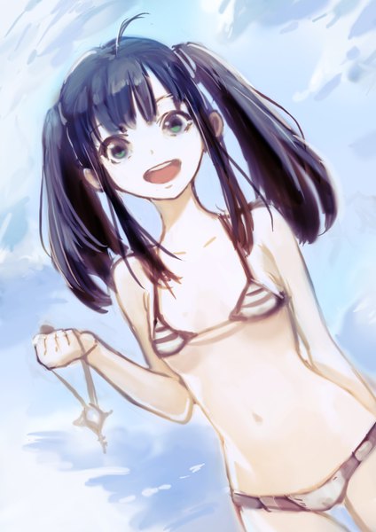 Anime picture 2480x3508 with original okuto single tall image looking at viewer fringe highres breasts open mouth light erotic black hair standing twintails bare shoulders holding green eyes payot sky cloud (clouds) ahoge