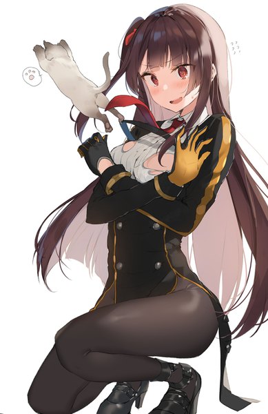 Anime picture 2246x3466 with girls frontline wa2000 (girls frontline) sabet (young ouo) single long hair tall image blush fringe highres open mouth light erotic simple background red eyes brown hair white background looking away full body blunt bangs high heels one side up