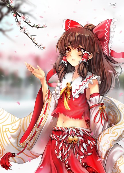 Anime picture 1077x1500 with touhou hakurei reimu glycyrrhizae single long hair tall image blush brown hair brown eyes looking away cherry blossoms girl dress skirt navel bow plant (plants) hair bow detached sleeves petals