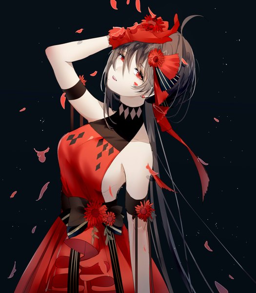 Anime picture 2480x2834 with vocaloid vocaloid china yuezheng ling tadatsu single long hair tall image looking at viewer fringe highres breasts open mouth black hair simple background hair between eyes red eyes large breasts standing holding ahoge