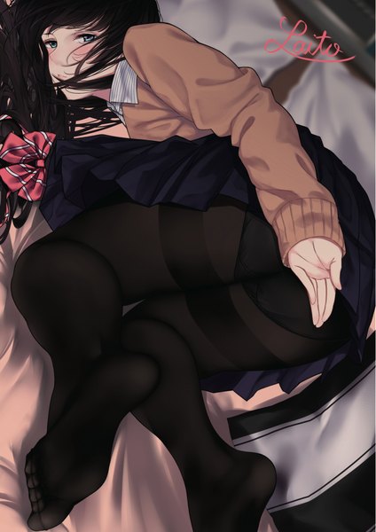 Anime picture 1357x1920 with original saitou (lynx-shrike) single long hair tall image looking at viewer blush fringe blue eyes light erotic black hair signed bent knee (knees) pleated skirt from above scan pantyshot no shoes legs girl