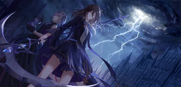 Anime picture 2600x1260 with original xing muhen fringe highres hair between eyes wide image standing bare shoulders multiple girls holding cloud (clouds) outdoors profile wind night bare legs from below dutch angle night sky sleeveless