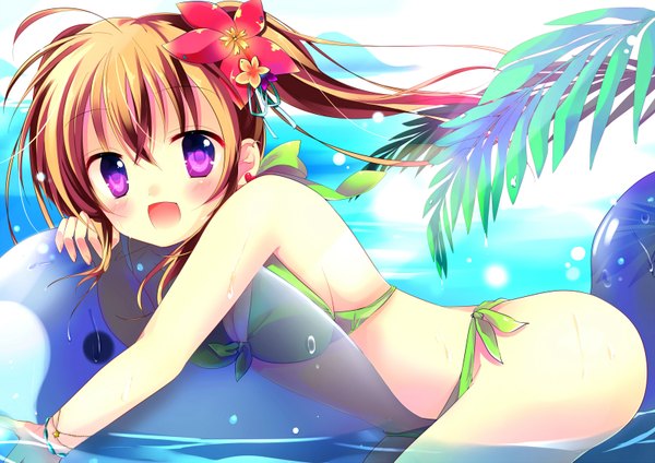 Anime picture 1600x1131 with original llaoi h single long hair looking at viewer blush open mouth light erotic blonde hair purple eyes hair flower girl hair ornament flower (flowers) swimsuit bikini sea