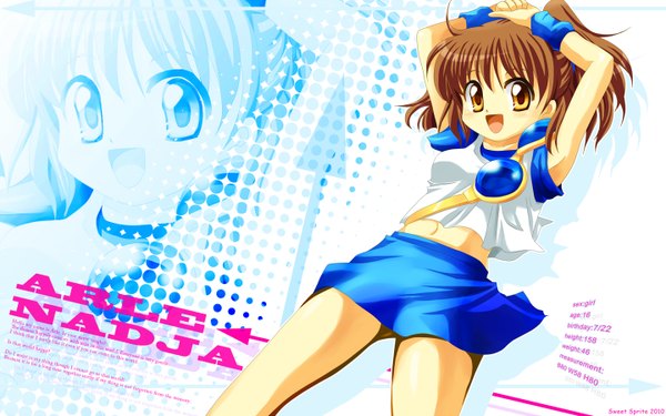 Anime picture 1440x900 with puyopuyo arle nadja sweetsprite (artist) single short hair open mouth smile brown hair wide image yellow eyes armpit (armpits) legs girl skirt navel uniform gym uniform