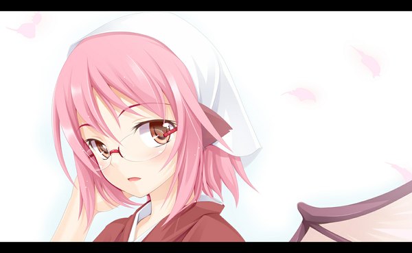 Anime picture 1183x729 with touhou mystia lorelei ogami kazuki single blush short hair simple background red eyes wide image white background pink hair bespectacled girl glasses