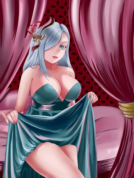 Anime picture 3456x4608 with genshin impact shenhe (genshin impact) ronikx art single long hair tall image looking at viewer fringe highres breasts blue eyes light erotic large breasts bare shoulders absurdres cleavage silver hair nail polish lips hair over one eye