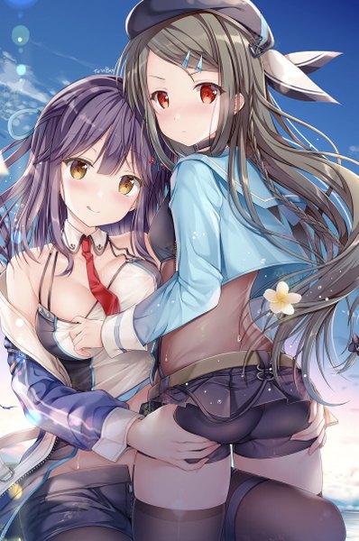 Anime picture 799x1205 with azur lane mullany (azur lane) kimberly (azur lane) sousouman long hair tall image looking at viewer blush fringe breasts light erotic hair between eyes red eyes brown hair standing sitting multiple girls yellow eyes sky purple hair