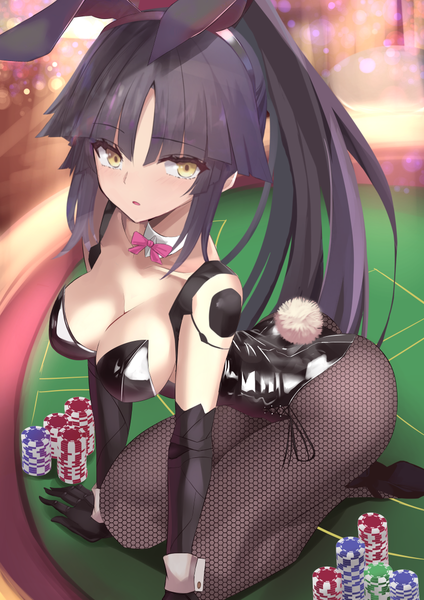 Anime picture 827x1169 with fate (series) fate/grand order katou danzou (fate) kesoshirou single long hair tall image looking at viewer blush fringe breasts open mouth light erotic black hair large breasts animal ears yellow eyes payot cleavage full body
