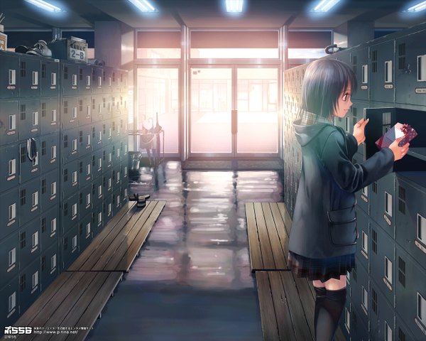 Anime picture 1280x1024 with original iuro short hair black hair profile light smile valentine closed umbrella girl thighhighs black thighhighs shoes umbrella coat gift school