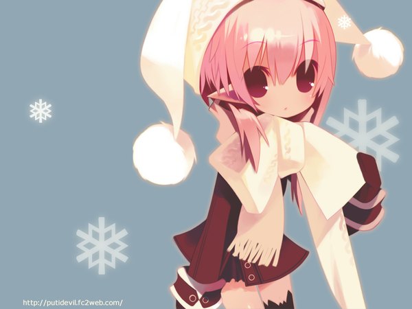 Anime picture 1024x768 with puti devil single red eyes pink hair pointy ears wallpaper watermark gloves bow hat scarf snowflake (snowflakes)