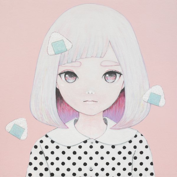 Anime picture 6500x6500 with original kaoru hasegawa single looking at viewer fringe highres short hair absurdres white hair blunt bangs portrait pink background polka dot expressionless multicolored eyes traditional media bob cut acrylic paint (medium) girl food