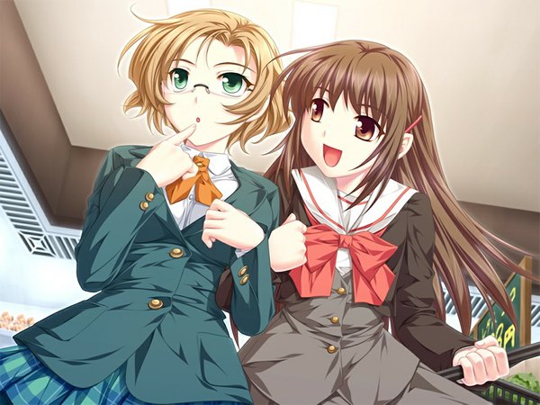 Anime picture 1024x768 with rui wa tomo wo yobu akatsuki-works wakutsu tomo shirasaya iyo blonde hair brown hair multiple girls brown eyes green eyes game cg girl 2 girls glasses serafuku