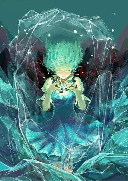 Anime picture 2480x3508 with touhou cirno antiquewhite single tall image highres short hair eyes closed green hair aqua hair magic light transparent girl dress flower (flowers) plant (plants) crystal blue dress stone (stones)