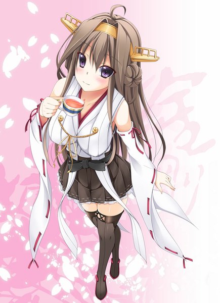 Anime picture 725x1000 with kantai collection kongou battleship tomosuke single long hair tall image looking at viewer blush brown hair purple eyes nontraditional miko girl hair ornament detached sleeves petals thigh boots cup