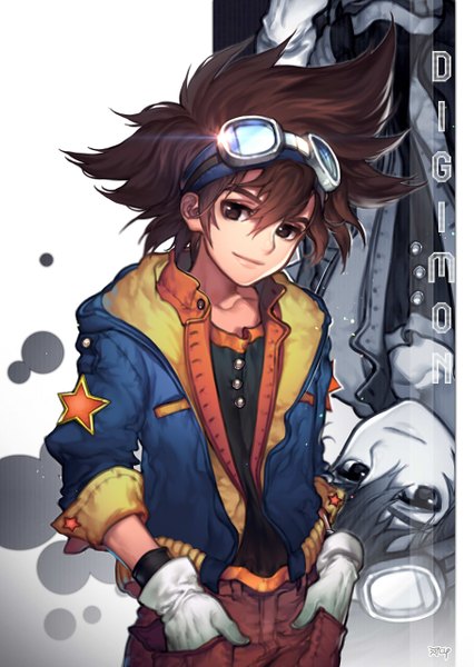 Anime picture 908x1280 with digimon digimon adventure yagami taichi kawacy single tall image short hair brown hair brown eyes signed looking away light smile monochrome zoom layer hands in pockets boy gloves jacket white gloves goggles