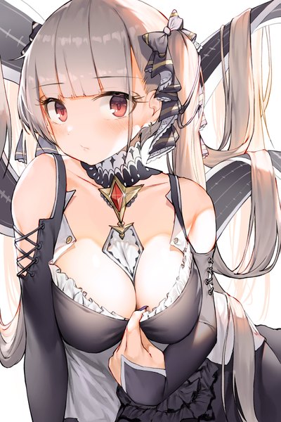 Anime picture 1335x2000 with azur lane formidable (azur lane) lee seok ho single long hair tall image looking at viewer blush fringe breasts light erotic simple background red eyes large breasts white background sitting twintails cleavage blunt bangs nail polish