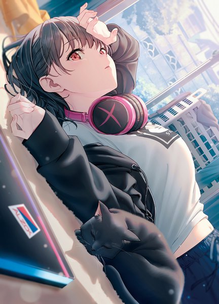 Anime picture 1296x1798 with original hyuuga azuri single long hair tall image looking at viewer fringe open mouth black hair red eyes indoors lying long sleeves arms up on back dutch angle hand on head headphones around neck girl animal