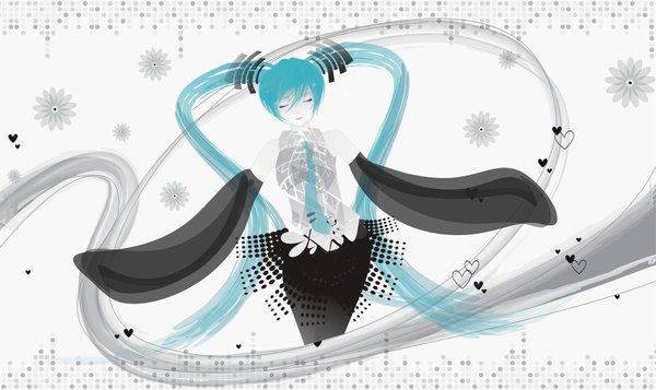 Anime picture 4319x2574 with vocaloid hatsune miku moekyon single long hair highres wide image twintails bare shoulders absurdres eyes closed very long hair aqua hair girl skirt detached sleeves necktie