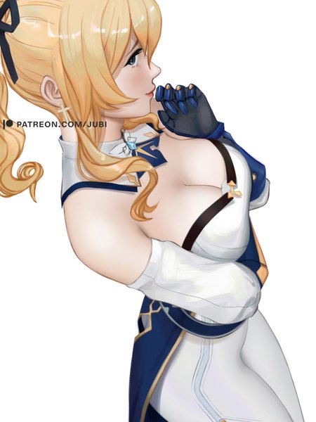 Anime-Bild 2700x3600 mit genshin impact jean gunnhildr jubi (regiana) single long hair tall image looking at viewer highres breasts blue eyes light erotic simple background blonde hair smile large breasts white background signed payot cleavage ponytail