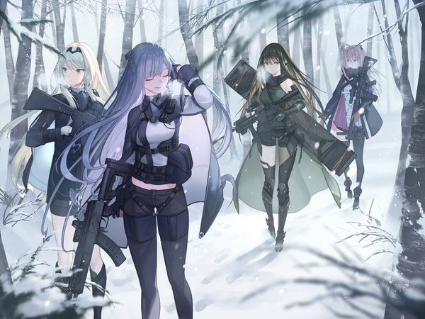 Anime picture 3000x2250 with girls frontline ak-12 (girls frontline) an-94 (girls frontline) m4a1 (girls frontline) st ar-15 (girls frontline) mt (ringofive) long hair looking at viewer highres blonde hair brown hair multiple girls holding blue hair looking away pink hair full body eyes closed multicolored hair arm up