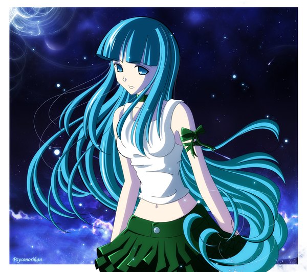 Anime picture 1174x1041 with original psyconorikan single long hair aqua eyes aqua hair midriff night sky girl skirt navel star (stars) armband
