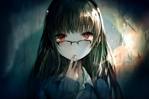 Anime picture 1200x801 with original tlla (artist) single long hair looking at viewer blush fringe red eyes brown hair upper body blunt bangs long sleeves parted lips :o finger to mouth light dark background hand on face girl glasses
