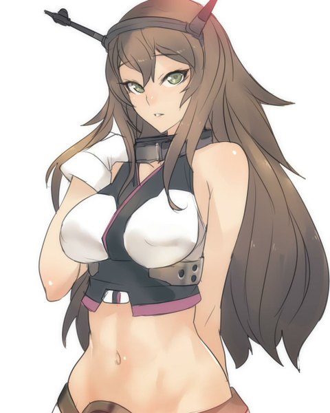 Anime picture 1024x1280 with kantai collection mutsu battleship ban! (bansankan) single long hair tall image looking at viewer simple background brown hair white background bare shoulders green eyes alternate hairstyle girl gloves navel