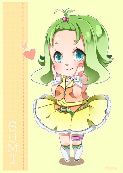 Anime picture 1000x1400 with vocaloid gumi nou single tall image looking at viewer blush short hair simple background smile signed aqua eyes green hair character names chibi yellow background dotted line girl heart wrist cuffs