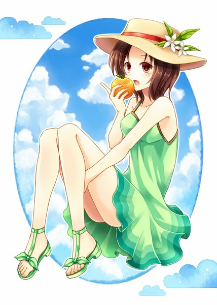 Anime picture 714x1000 with shikoku yonkyoudai chisa single tall image short hair open mouth red eyes brown hair bare shoulders cloud (clouds) girl dress flower (flowers) hat sundress sandals