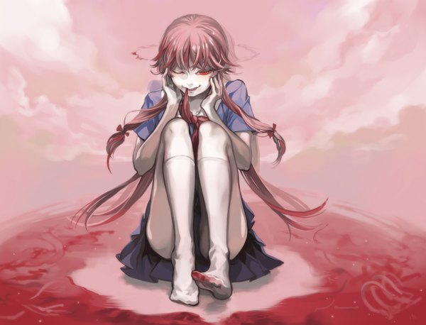 Anime picture 1308x1000 with mirai nikki gasai yuno nunu d single long hair fringe light erotic red eyes sitting pink hair mouth hold pantyshot sitting bloody clothes crazy girl skirt uniform hair ornament bow hair bow